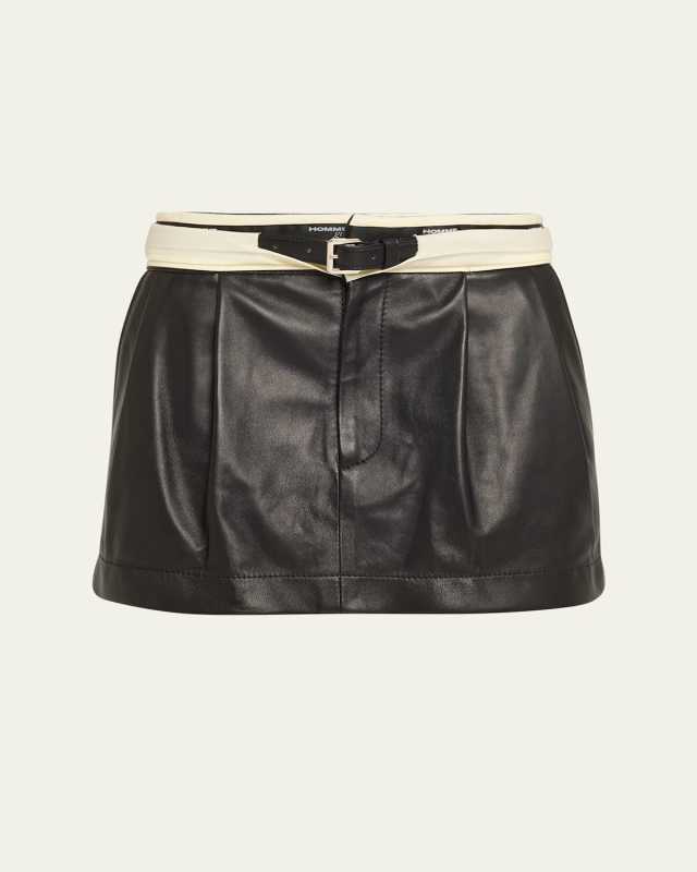 Belted Flip-Waist Leather Mini Skirt